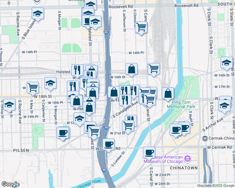 map of restaurants, bars, coffee shops, grocery stores, and more near 1701 South Ruble Street in Chicago