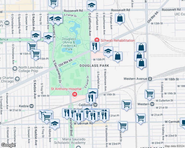 map of restaurants, bars, coffee shops, grocery stores, and more near 1631 South California Avenue in Chicago