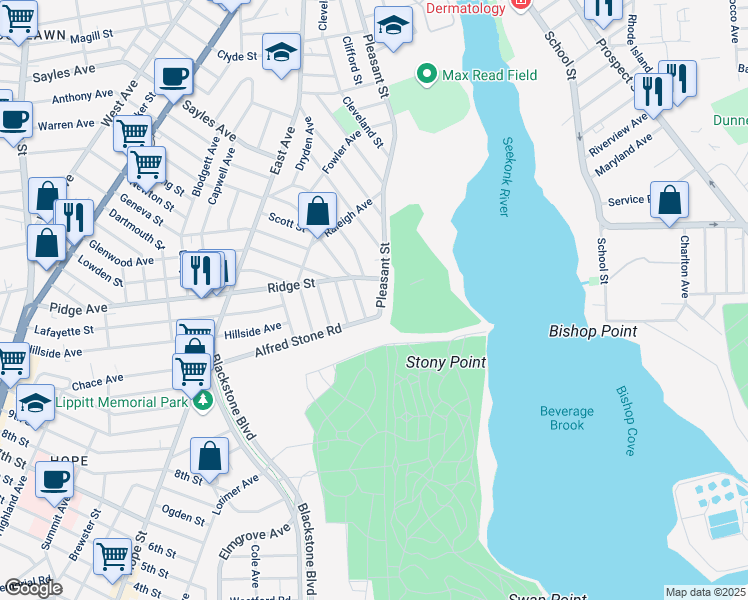 map of restaurants, bars, coffee shops, grocery stores, and more near 724 Pleasant Street in Pawtucket