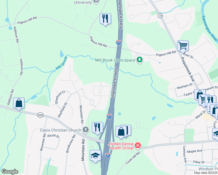 map of restaurants, bars, coffee shops, grocery stores, and more near 376 Dunfey Lane in Windsor