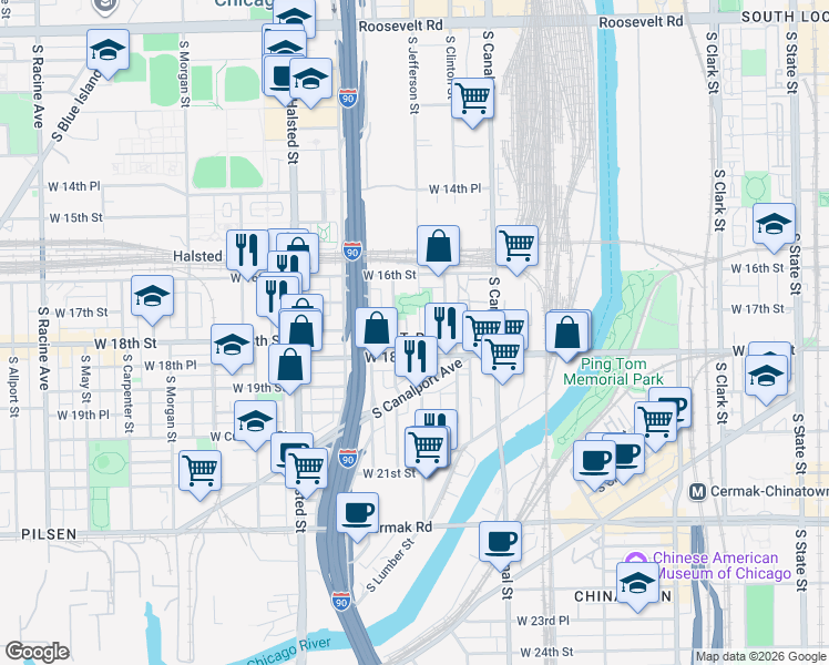 map of restaurants, bars, coffee shops, grocery stores, and more near 1642 South Jefferson Street in Chicago