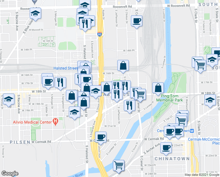 map of restaurants, bars, coffee shops, grocery stores, and more near 1701 South Ruble Street in Chicago