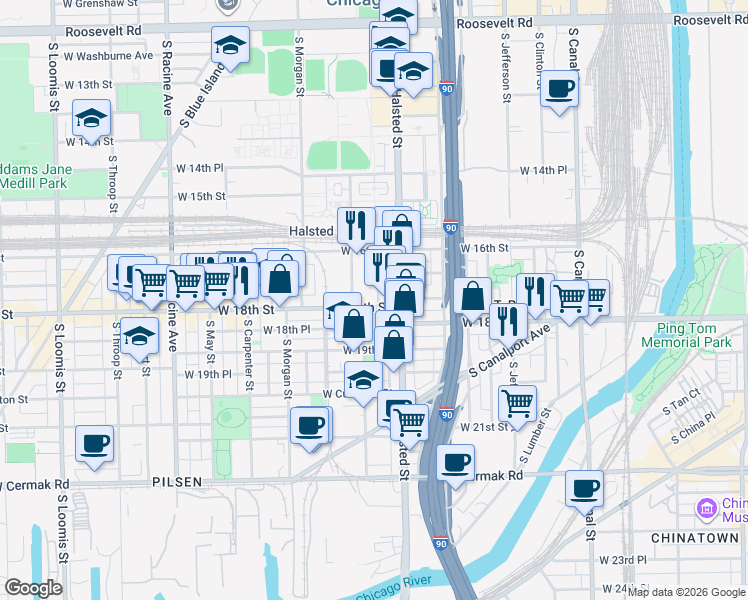 map of restaurants, bars, coffee shops, grocery stores, and more near 1700 South Newberry Avenue in Chicago