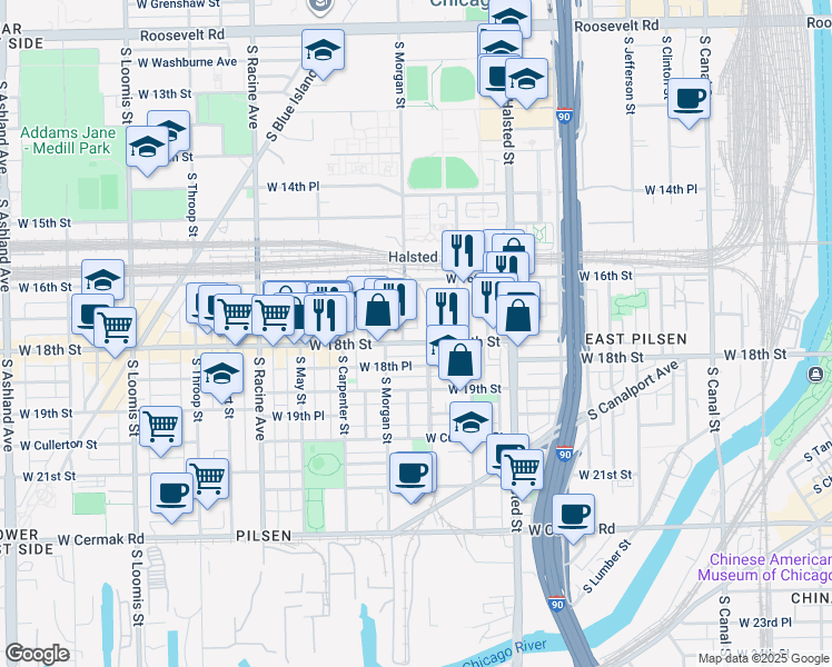 map of restaurants, bars, coffee shops, grocery stores, and more near 1700 South Morgan Street in Chicago