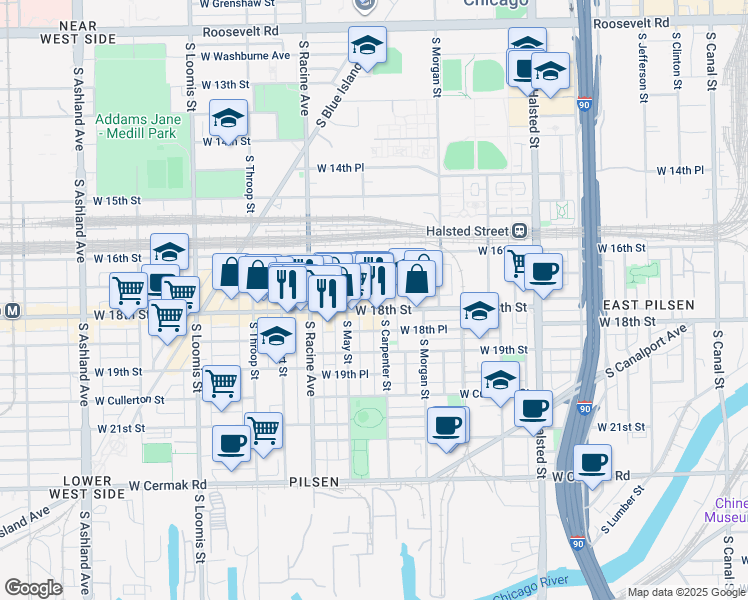 map of restaurants, bars, coffee shops, grocery stores, and more near 1114 West 17th Street in Chicago