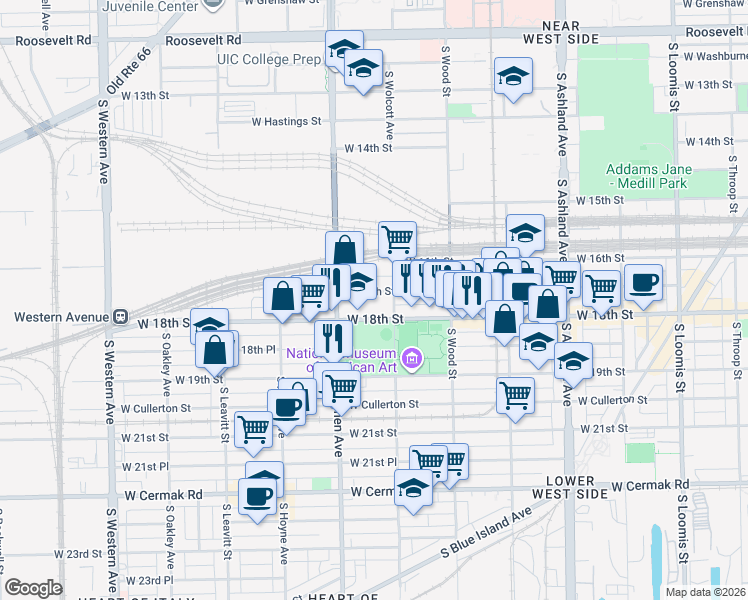 map of restaurants, bars, coffee shops, grocery stores, and more near 1936 West 17th Street in Chicago
