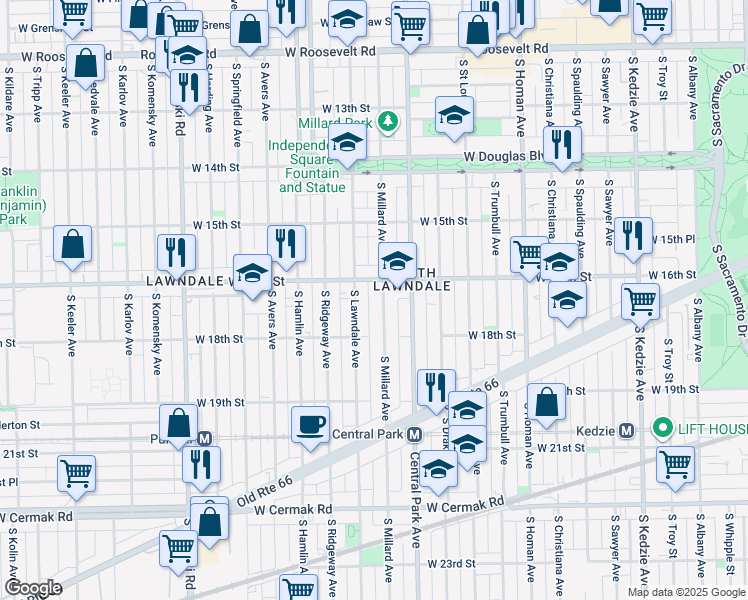 map of restaurants, bars, coffee shops, grocery stores, and more near 3650 West 16th Street in Chicago