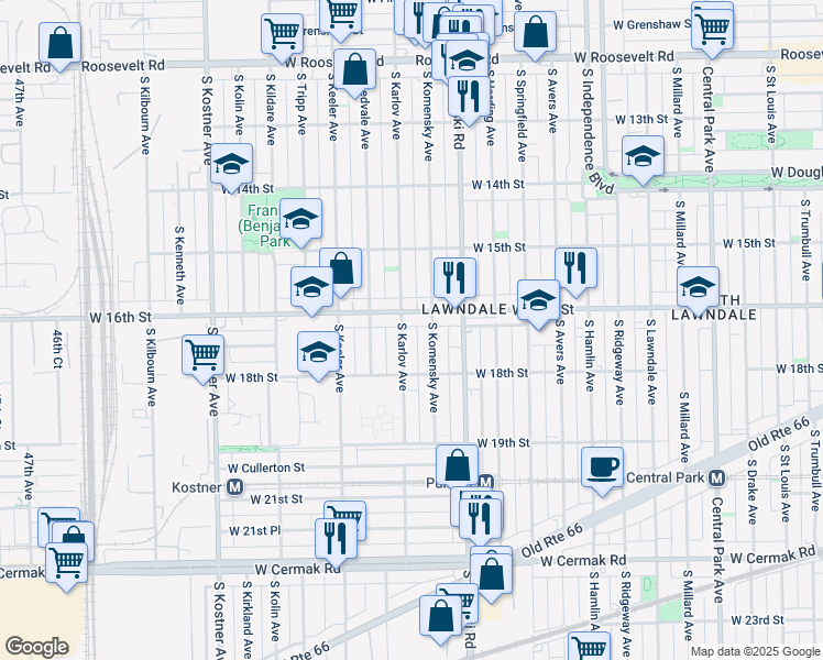 map of restaurants, bars, coffee shops, grocery stores, and more near 4100 West 16th Street in Chicago