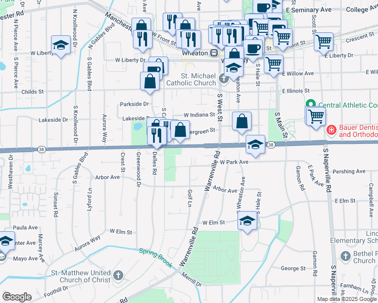 map of restaurants, bars, coffee shops, grocery stores, and more near 529 Roosevelt Road in Wheaton