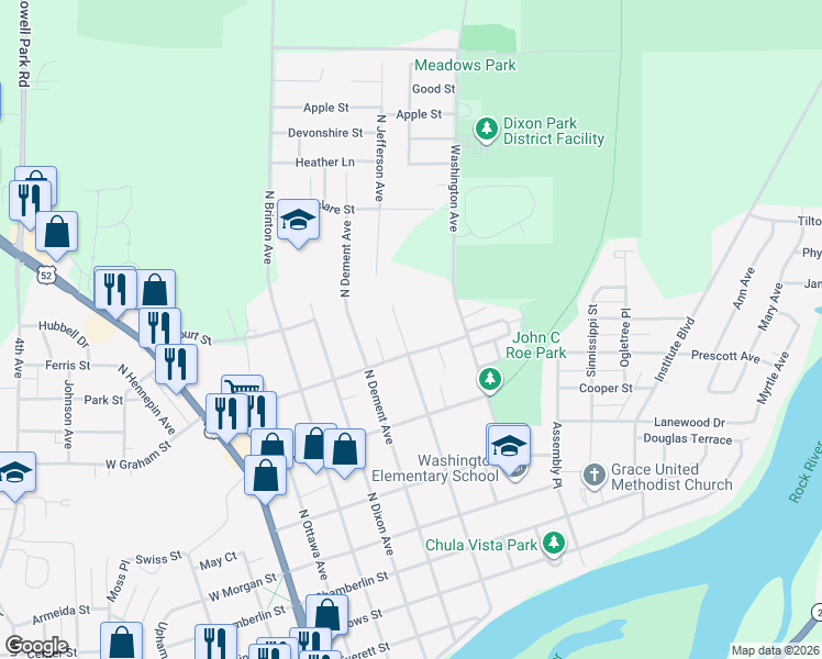 map of restaurants, bars, coffee shops, grocery stores, and more near 914 North Jefferson Avenue in Dixon