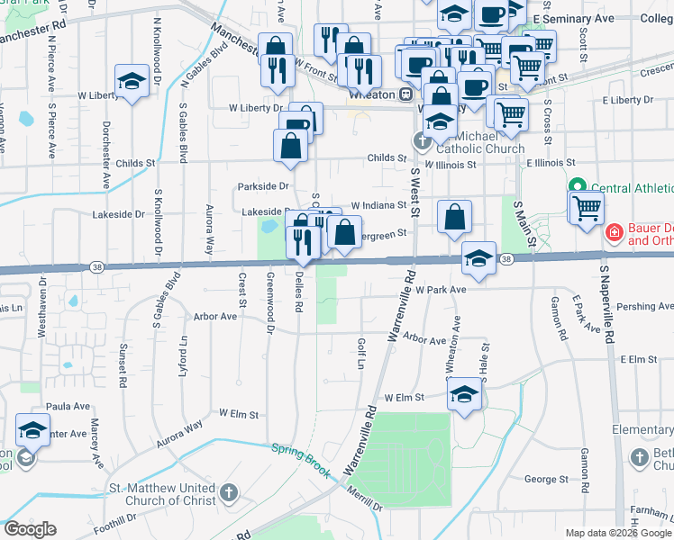 map of restaurants, bars, coffee shops, grocery stores, and more near 529 Roosevelt Road in Wheaton