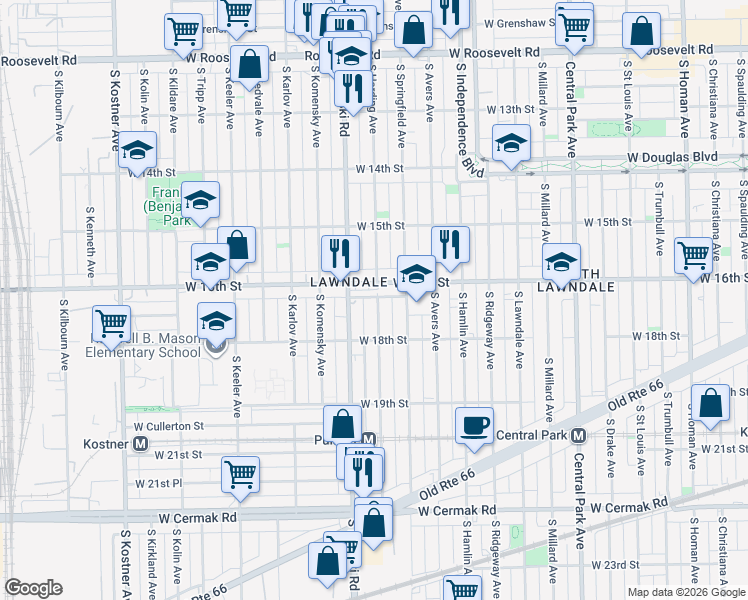 map of restaurants, bars, coffee shops, grocery stores, and more near 1616 South Harding Avenue in Chicago