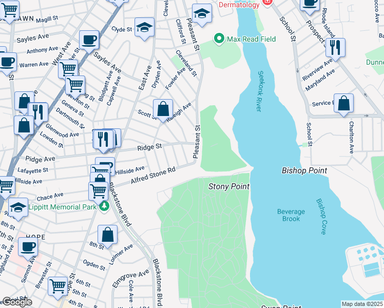map of restaurants, bars, coffee shops, grocery stores, and more near 724 Pleasant Street in Pawtucket