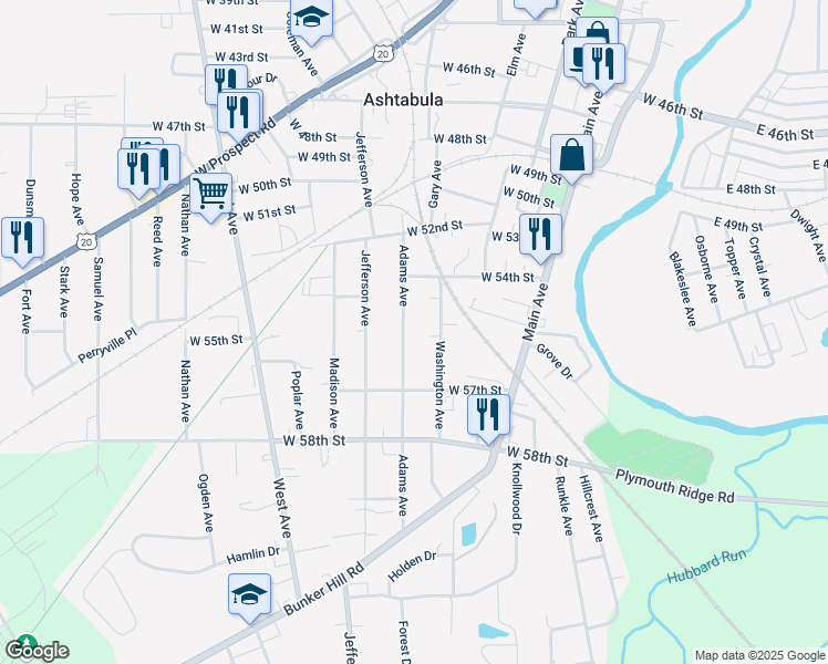 map of restaurants, bars, coffee shops, grocery stores, and more near 5435 Adams Avenue in Ashtabula