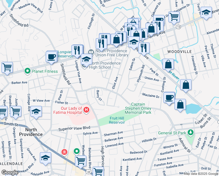map of restaurants, bars, coffee shops, grocery stores, and more near 243 Smithfield Road in North Providence