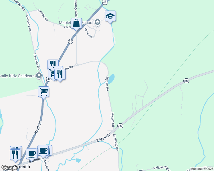 map of restaurants, bars, coffee shops, grocery stores, and more near Mygatt Road in Amenia