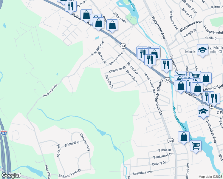 map of restaurants, bars, coffee shops, grocery stores, and more near 10 Camille Drive in Johnston