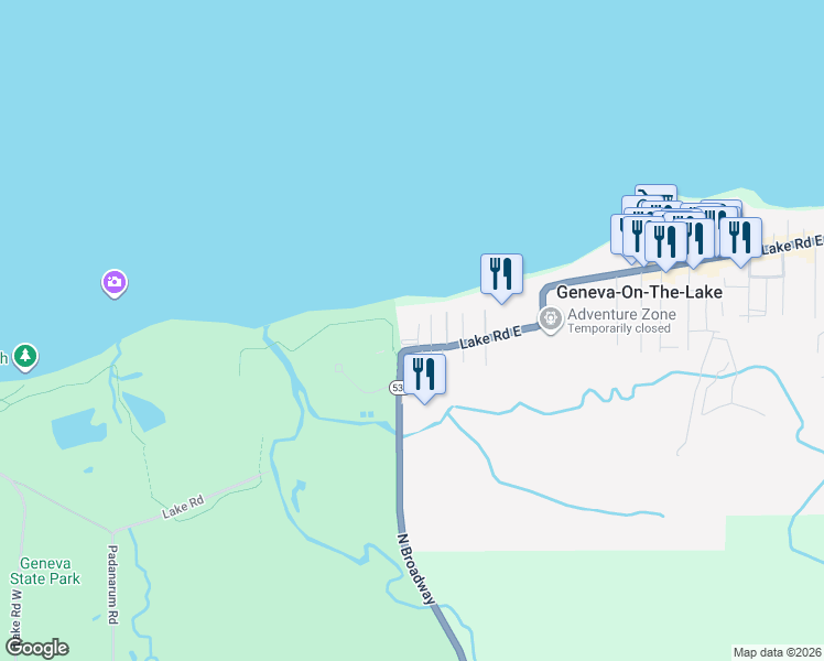 map of restaurants, bars, coffee shops, grocery stores, and more near 5753 Lake Road East in Geneva