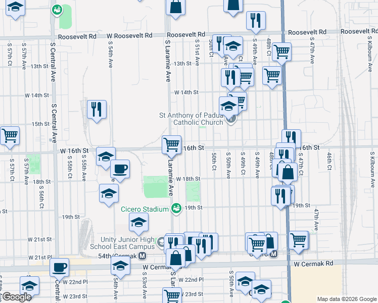 map of restaurants, bars, coffee shops, grocery stores, and more near 5120 West 16th Street in Cicero