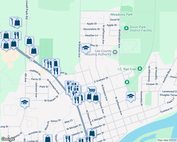 map of restaurants, bars, coffee shops, grocery stores, and more near 1009 North Dixon Avenue in Dixon