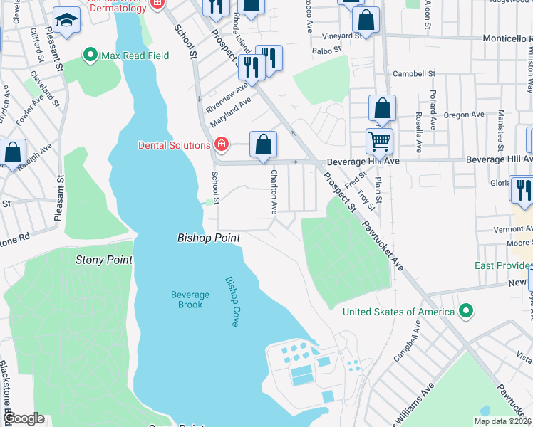 map of restaurants, bars, coffee shops, grocery stores, and more near 67 Charlton Avenue in Pawtucket