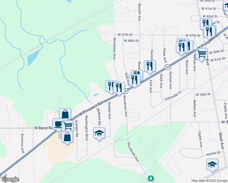 map of restaurants, bars, coffee shops, grocery stores, and more near 5307 Woodman Avenue in Ashtabula