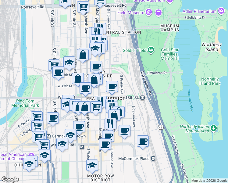 map of restaurants, bars, coffee shops, grocery stores, and more near 1638 South Indiana Avenue in Chicago
