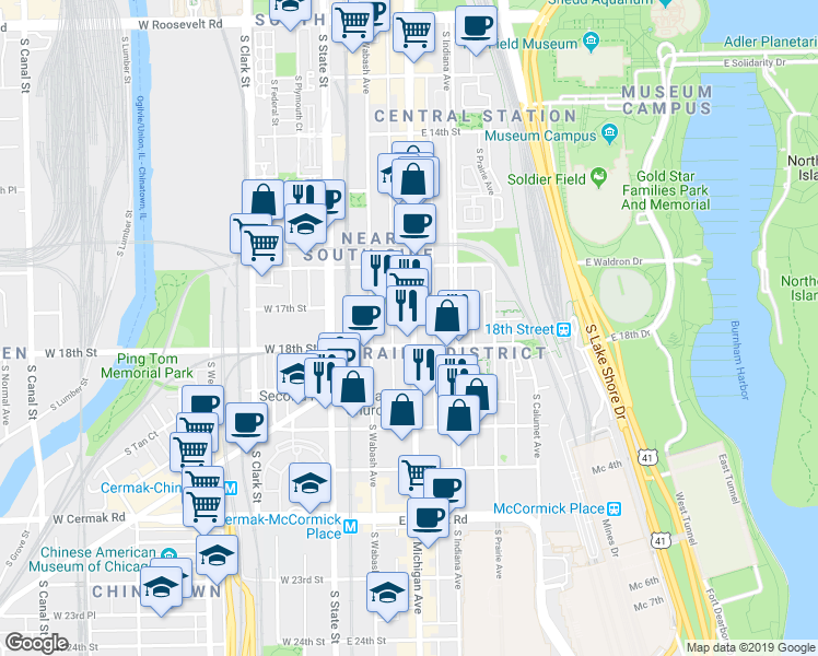 map of restaurants, bars, coffee shops, grocery stores, and more near 1700 Michigan Avenue in Chicago