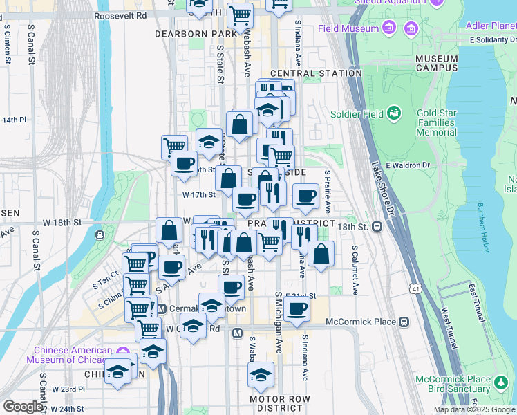 map of restaurants, bars, coffee shops, grocery stores, and more near 1639 South Wabash Avenue in Chicago