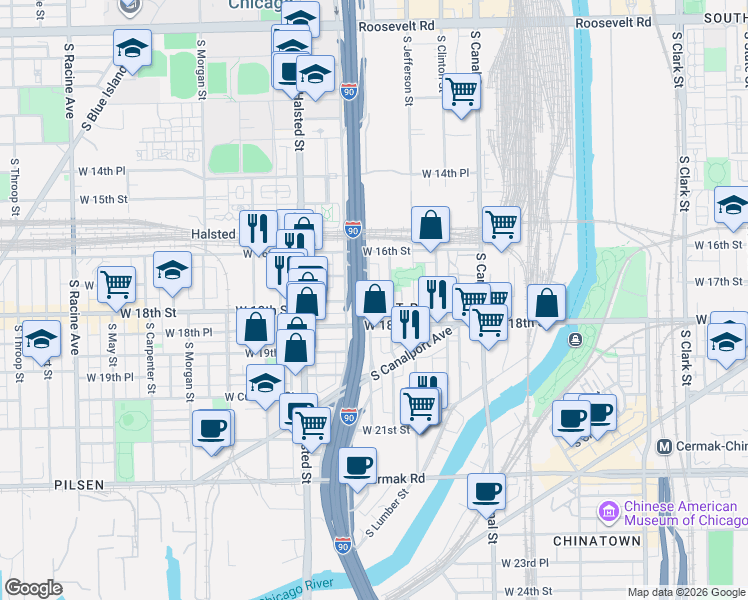 map of restaurants, bars, coffee shops, grocery stores, and more near 1701 South Ruble Street in Chicago