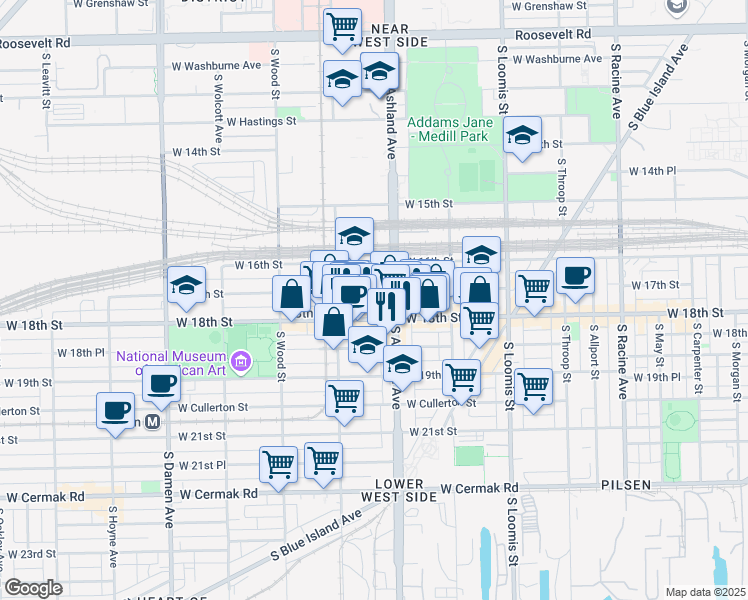 map of restaurants, bars, coffee shops, grocery stores, and more near 1624 West 17th Street in Chicago