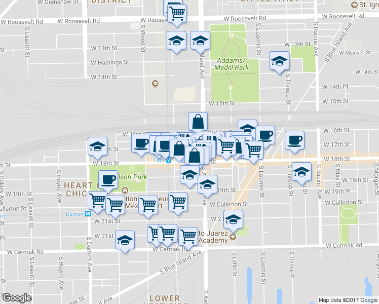 map of restaurants, bars, coffee shops, grocery stores, and more near 1624 West 17th Street in Chicago