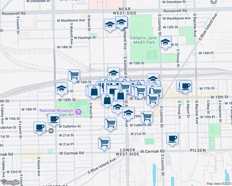 map of restaurants, bars, coffee shops, grocery stores, and more near 1624 West 17th Street in Chicago