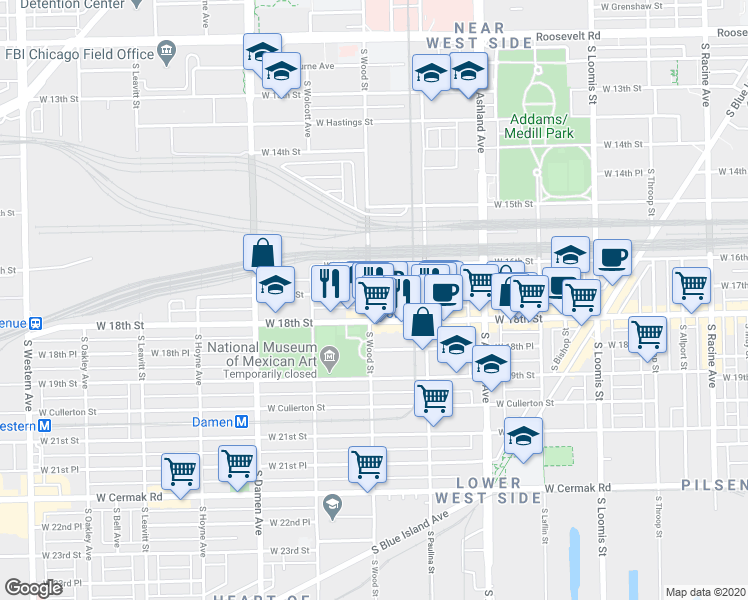 map of restaurants, bars, coffee shops, grocery stores, and more near 1748 West 17th Street in Chicago