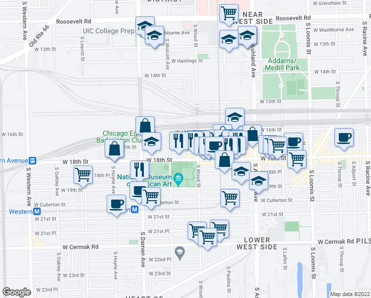 map of restaurants, bars, coffee shops, grocery stores, and more near 1822 West 17th Street in Chicago
