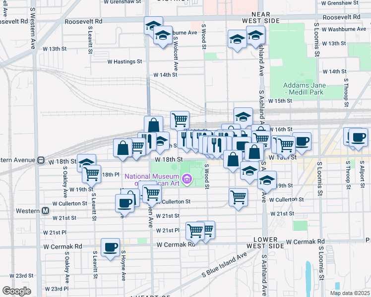 map of restaurants, bars, coffee shops, grocery stores, and more near 1858 West 17th Street in Chicago
