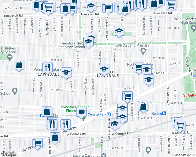 map of restaurants, bars, coffee shops, grocery stores, and more near 3650 West 16th Street in Chicago