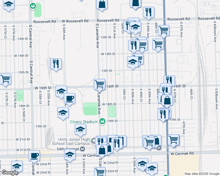 map of restaurants, bars, coffee shops, grocery stores, and more near 5120 West 16th Street in Cicero