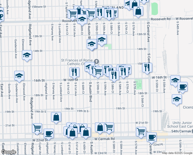 map of restaurants, bars, coffee shops, grocery stores, and more near 1523 South 59th Court in Cicero