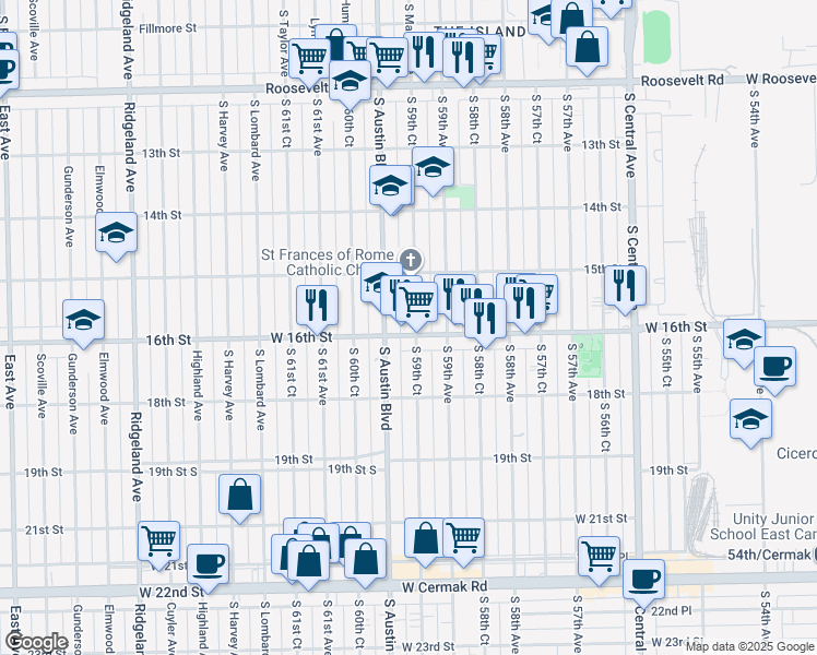map of restaurants, bars, coffee shops, grocery stores, and more near 1523 South 59th Court in Cicero