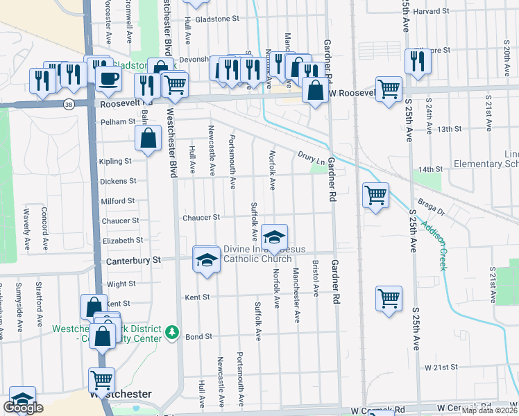 map of restaurants, bars, coffee shops, grocery stores, and more near 1430 Norfolk Avenue in Westchester