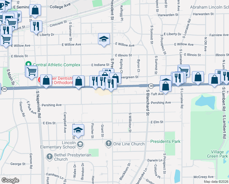 map of restaurants, bars, coffee shops, grocery stores, and more near in Wheaton