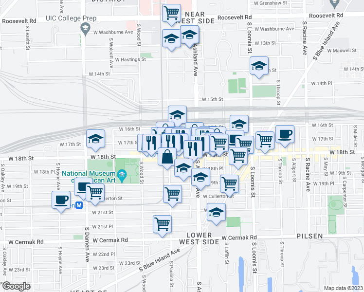 map of restaurants, bars, coffee shops, grocery stores, and more near 1624 West 17th Street in Chicago