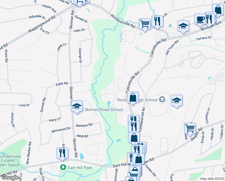 map of restaurants, bars, coffee shops, grocery stores, and more near 653-677 Talcottville Road in Vernon