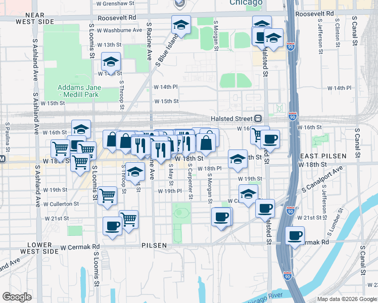 map of restaurants, bars, coffee shops, grocery stores, and more near 1114 West 17th Street in Chicago