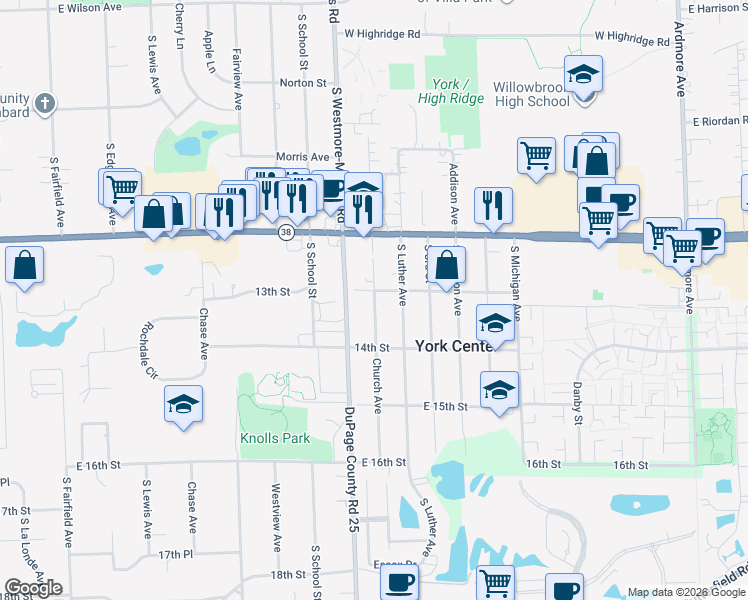 map of restaurants, bars, coffee shops, grocery stores, and more near 1316 Church Avenue in Lombard