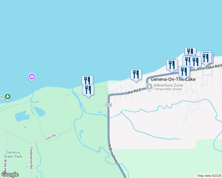 map of restaurants, bars, coffee shops, grocery stores, and more near 5753 Lake Road East in Geneva