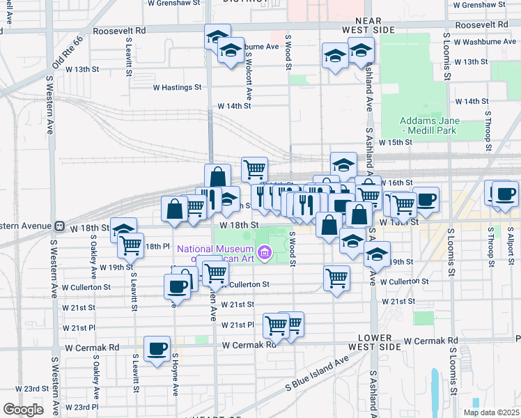 map of restaurants, bars, coffee shops, grocery stores, and more near 1849 West 17th Street in Chicago
