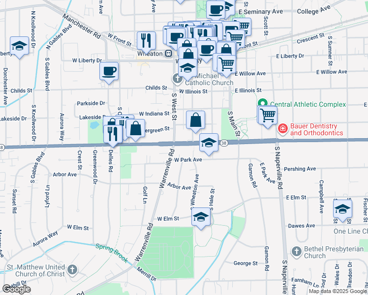 map of restaurants, bars, coffee shops, grocery stores, and more near 301 West Roosevelt Road in Wheaton