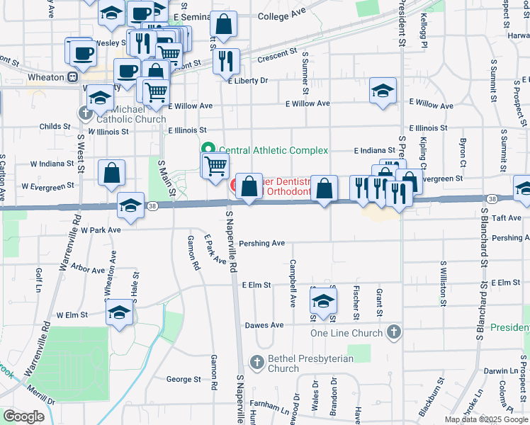 map of restaurants, bars, coffee shops, grocery stores, and more near 351 East Roosevelt Road in Wheaton